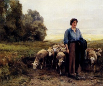  Realism Art Painting - Shepherdess With Her Flock farm life Realism Julien Dupre